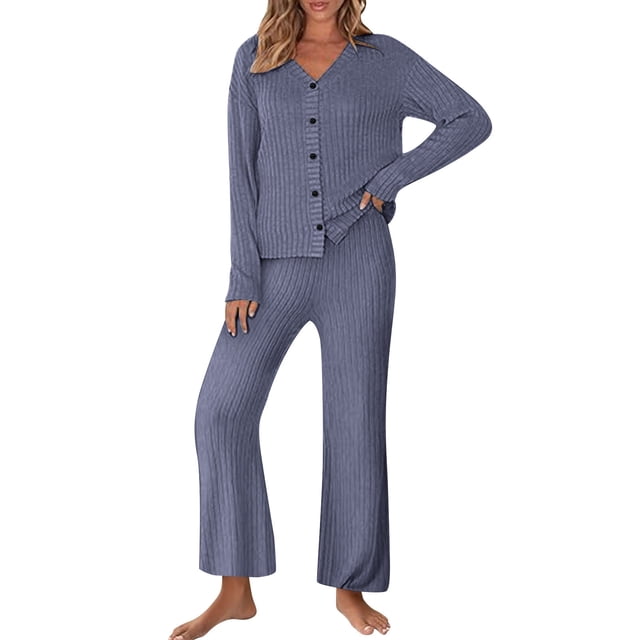 Diufon Matching Lounge Sets for Women Ribbed Long Sleeve Button Tops Matching Pants Sleepwear Set Fall Winter Outfits