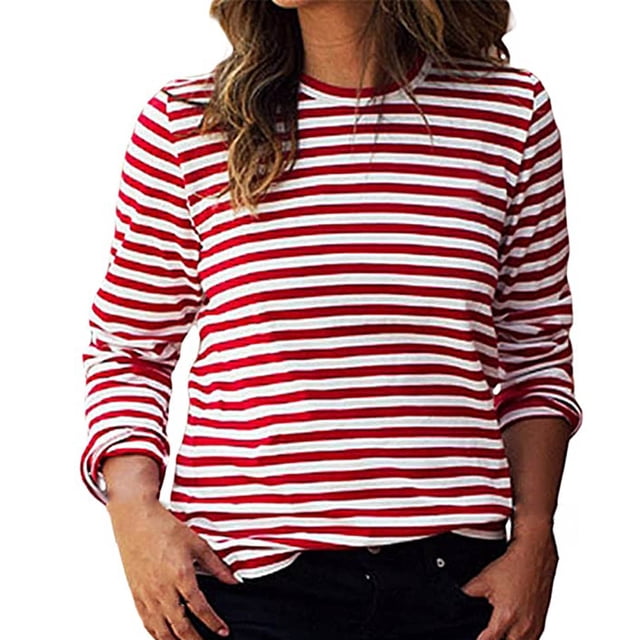 CEHVOM Fashion Woman O-Neck Long Sleeve T-Shirt with a red and white striped design. This lightweight polyester blouse is ideal for summer and spring, featuring a regular length, long sleeves, and a casual O-neck style. Perfect for pairing with jeans, skirts, or shorts for casual outings, work, or semi-formal events.