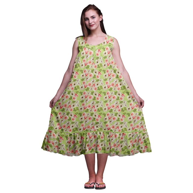 Bimba Vert Pâle2 Renoncules Florales avec Bouquet Imprimé Chemises de Nuit en Coton pour Femmes Robe Sans Manches Tenue de Nuit Robe Maxi XXX-Large