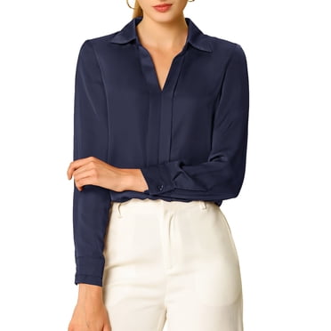 INSPIRE CHIC Women's Elegant Shirts V Neck Point Collar Long Sleeve Smooth Satin Blouse XS Navy Blue