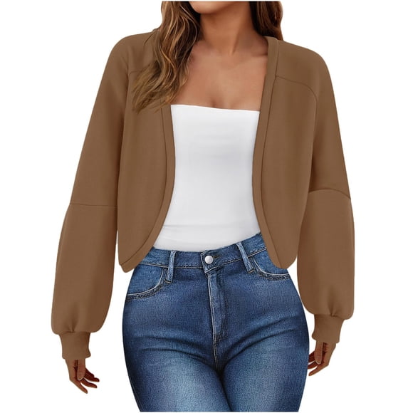 AherBiu Cardigan Jackets for Women Fleece Lined Open Front Long Sleeve Sweatshirt Knitted Cropped Jacket