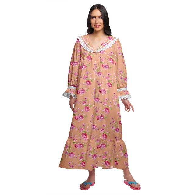 Moomaya Printed Nightdress For Ladies Cotton Ruffled Border Nursing Nightwear