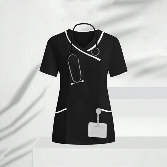 RKSTN Scrub Tops Women Color Block Caregiver Uniform V Neck Short Sleeve Tapered Waist Pullover Scrubs Top with Pockets Nurse Clinic Maid Caregiver Healthcare