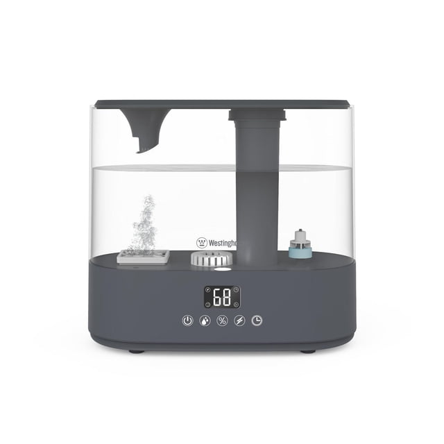 Westinghouse Antimicrobial Air Humidifier in grey with a transparent water tank showing ultrasonic components, digital humidity display at 68%, and touch controls for power, mist, humidity, ionizer, and timer, designed to improve indoor air quality and suitable for essential oil diffusion to enhance comfort.