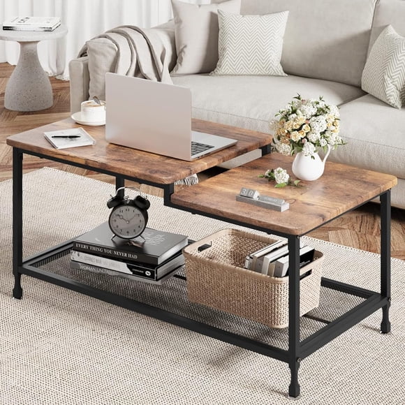 IdeaHouse Coffee Table Industrial Living Room Table 2-Tier Rustic Center Table with Mesh Shelf Rectangle Storage Cocktail Table Metal Frame, Easy to Assemble, Rustic Brown