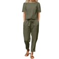 thumbnail image 1 of Mikilon Ensemble Élégant pour Femmes 2 Pcs Mode Col Rond Manches Courtes Haut Pantalon Long Ensemble Décontracté Mode Col Rond Manches Courtes Hauts Pantalons Ensemble Décontracté Vert Armée m, 1 of 6
