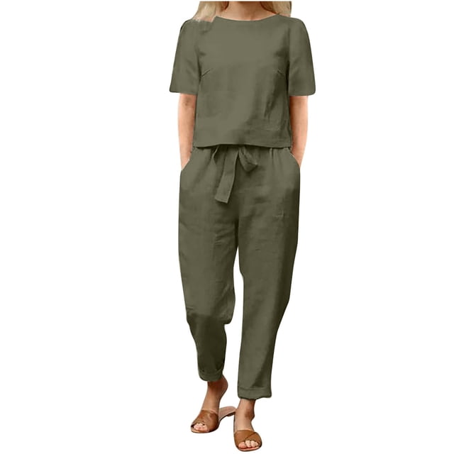 Mikilon Ensemble Élégant pour Femmes 2 Pcs Mode Col Rond Manches Courtes Haut Pantalon Long Ensemble Décontracté Mode Col Rond Manches Courtes Hauts Pantalons Ensemble Décontracté Vert Armée m