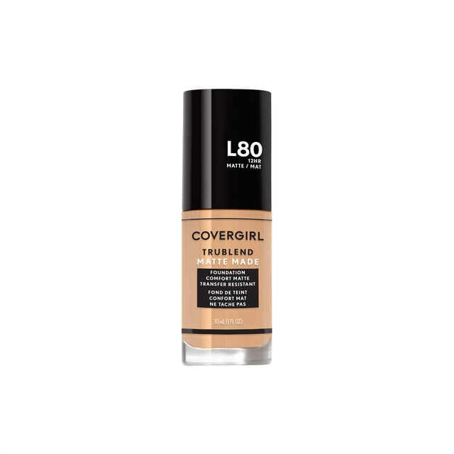 COVERGIRL Trublend Matte Made Foundation in shade L80, 30 ml liquid foundation with black cap, providing a comfortable matte finish and up to 12 hours of transfer-resistant wear, ideal for normal to oily skin tones.