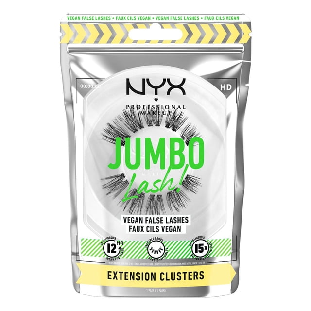 NYX PROFESSIONAL MAKEUP Jumbo Lash! vegan false lashes extension clusters in a silver resealable pouch with green text, featuring 12-hour wear, invisible bands, and reusable up to 15 times, designed for lightweight, stackable jumbo lash volume and length.