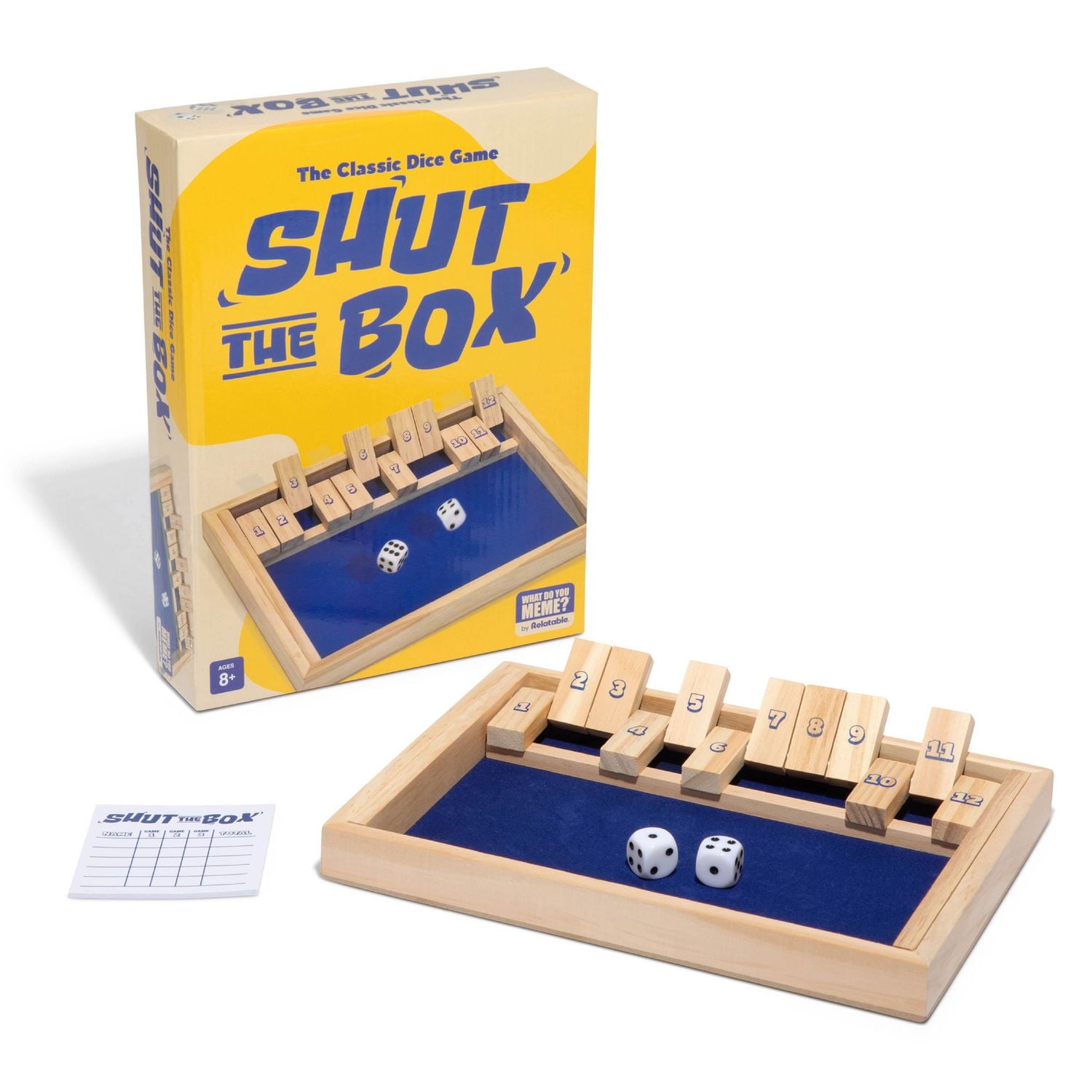 Shut The Box by Relatable, Strategy Board Games for Kids and Adults, Includes 2 Dice, 1 Wooden Box, 1 Scorepad, and Instructions