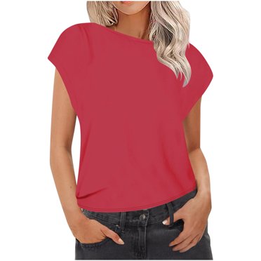 AherBiu Womens Tops Casual Loose Summer Basic Crewneck Cap Sleeve Tunics Solid Color Comfy T Shirts Tops