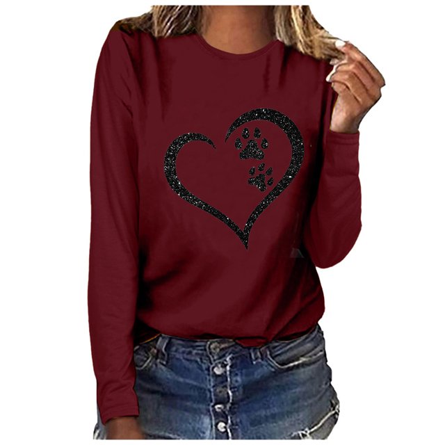 Besolor Tuniques Automne Printemps pour Femmes 2024 Imprimé Cœur Col Rond Manches Longues Chemises Décontractées Amples Blouse Tee