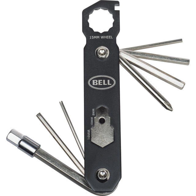 Bell Sports RoadsideTM300 Outil Multi-Usage Compact de Réparation de Vélo avec Poignée Noire Comprenant 13 Outils Dépliables Incluant une Clé de Roue de 15 mm pour le Retrait de Roues Boulonnées, des Clés de 8, 9, 10 mm, des Clés Hexagonales de 2 à 6 mm, un Tournevis Phillips, une Douille Magnétique de 8 mm et une Clé à Rayons de 14 Ga, Convient aux Réparations de Base de Vélos de Route et de Sentier.