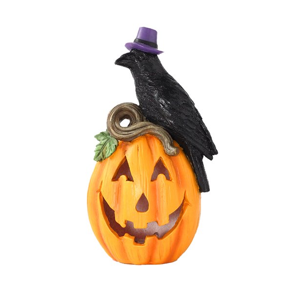 Halloween Decorations Raven Pumpkin Statue Figurines Decor - Raven Statue Figurine on Pumpkin with Multicolor Light Halloween Pumpkin Lantern Figurine for Home Garden Party Yard Lawn