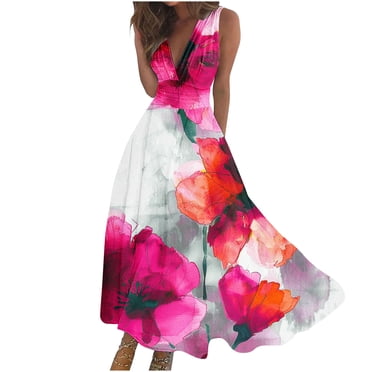 RKSTN Robes d'Invitée de Mariage pour Femmes Mode Décontractée Amples Grande Taille Évasées Robes d'Été Décontractées Bohèmes à Imprimé Floral Sans Manches à Col en V Poitrine Enveloppée Robes de Cocktail