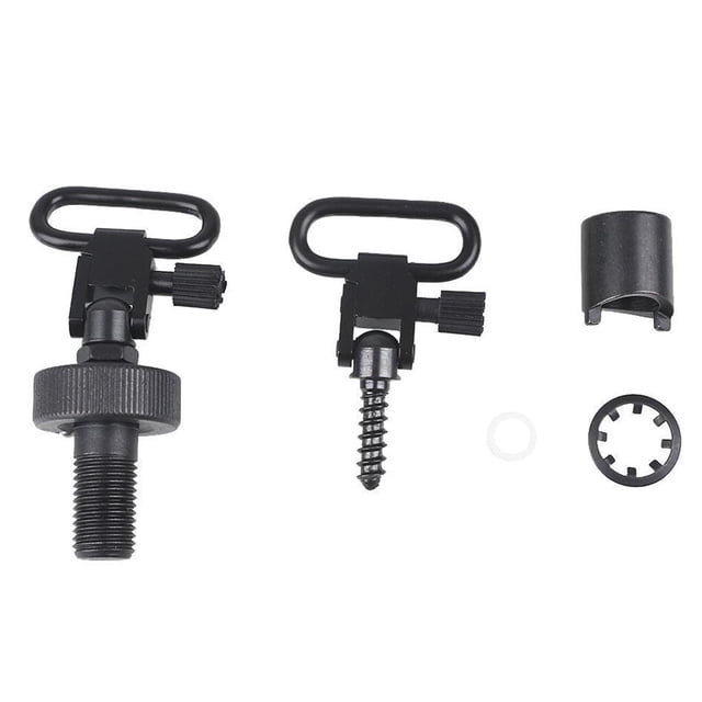 facefd Steel Sling Mounting Kit Rotating Tube Adapter Mount Set, including sling mounting studs and swivels, designed for Mossberg 500 and Maverick 88-12Ga. Made of durable black steel, the kit features quick-detach 1-inch swivels and multiple components for secure attachment. Ideal for hunting and shooting applications.