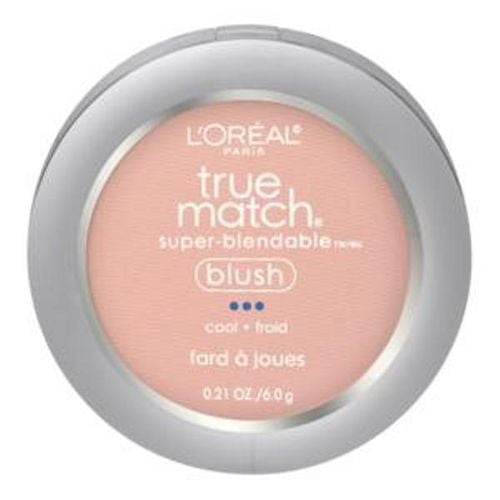 L'Oréal Paris True Match™ Blush, 6 g, displayed in a round silver compact with a peachy-pink powder blush that blends smoothly to complement skin tone and undertone, ideal for achieving a natural flush and coordinating with True Match™ makeup products.