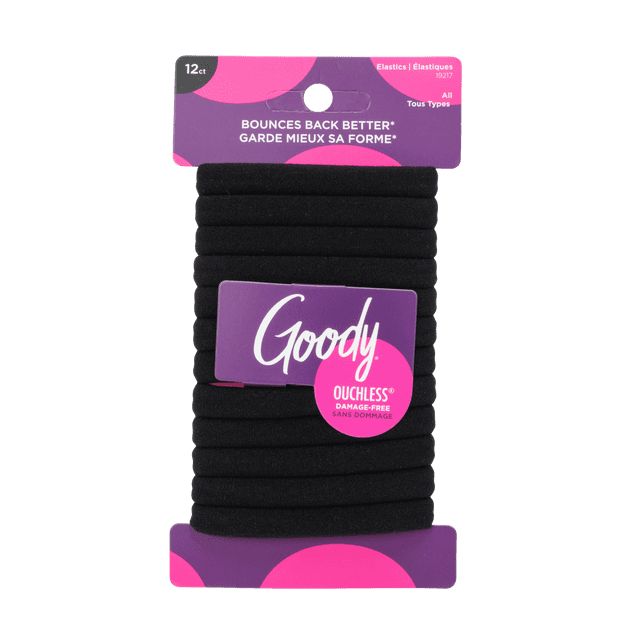 Goody Ouchless Hair Elastics for All Hair Types, Black, 12 Count