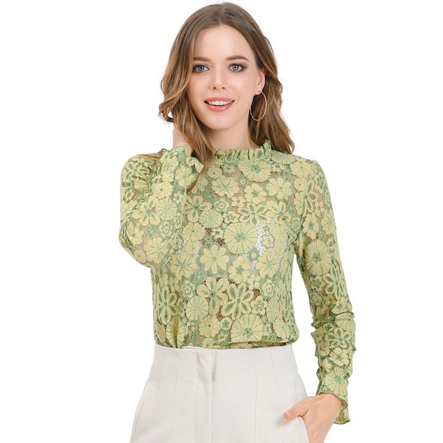 INSPIRE CHIC Women's Crochet Lace See Through Floral Ruffle Neck Blouse
