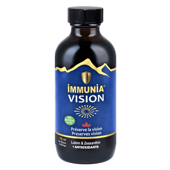 Immunia VISION - Wild blueberry concentrate, Lutein & Zeaxanthin. Eye health antioxidant supplement. Liquid formula. Delicious taste. 5 ml/day (for 24 days). Made in Canada (3 bottles)