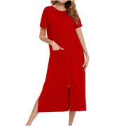 Satin Nightgown Women's Short Sleeve Robe Nightgown Long Zipper Nightdress with Pokets Loose Robe Pajamas S-14 Red-a XXL