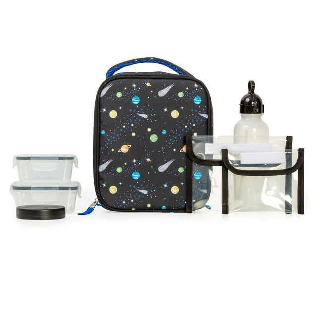 Jetstream 7-Piece Kids Lunch Bag Set with an insulated lunch bag featuring a space-themed print of planets and comets, two clear plastic containers with blue lids, a reusable water bottle with a black flip-top lid, two clear snack bags with black trim, and a black ice pack, arranged on a white background.