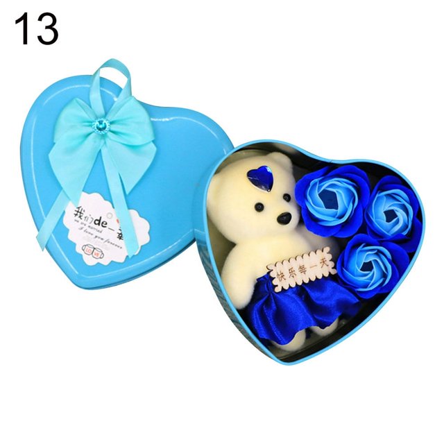1 Set Artificial Soap Rose Flower Bear Doll Valentine Day Gift Box Party Decor