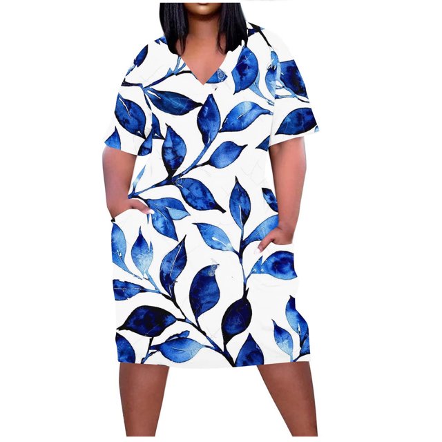 Pisexur Robes d'Été pour Femmes Mode Imprimé Floral Robe Décontractée Ample Col en V Manches Courtes Robes T-Shirt Fluide Surdimensionnée Robe de Plage avec Poches Grande Taille Mi-Mollet L-5TG