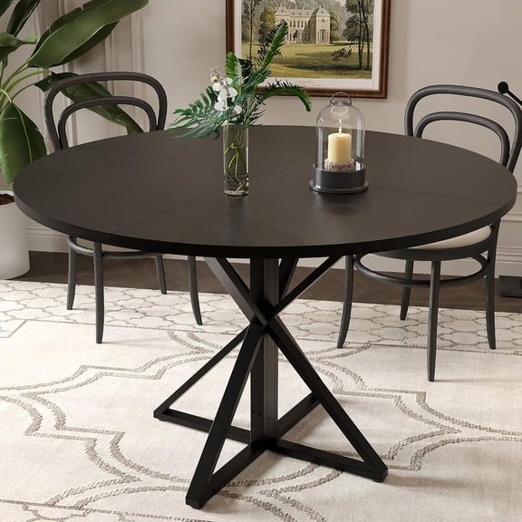 47 in Round Dining Table for 4, Wooden Circle Dinner Table, Heavy Duty Metal Pedestal & 4 Parts of Tabletop, Round Pedestal Kitchen Tables for Dining Room, Kitchen, Living Room, Black