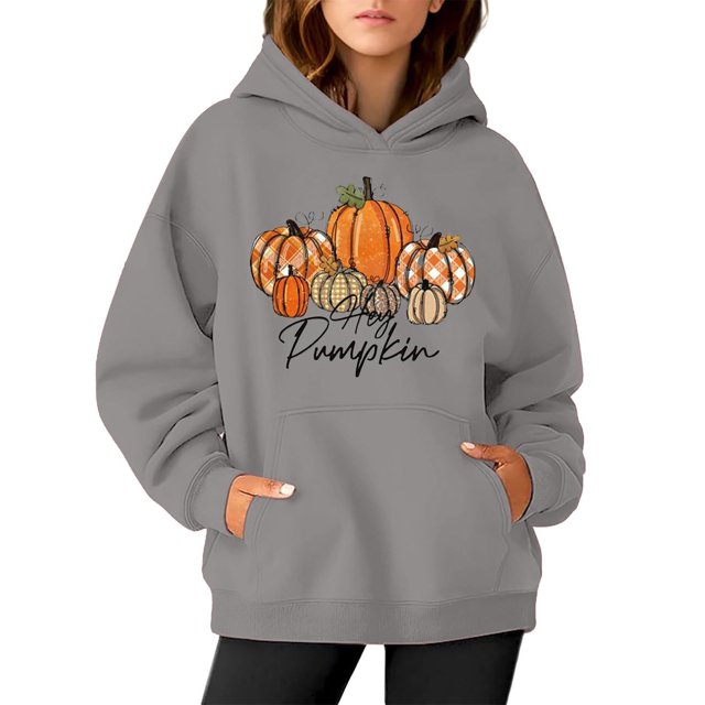 WEAIXIMIUNG Sweat à Capuche pour Femmes, Graphique, Imprimé Citrouille, Manches Longues, Décontracté, avec Poche
