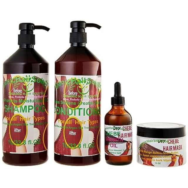 CHEBE Hair Growth Set - Shampoo- Conditioner-Oil & Hair Mask Leave in Cream- Castor Oil- Mango Butter-Tea Tree-Willow Bark-Rice milk-For Stronger, Thicker Longer Hair-Healthier (Pack 4)