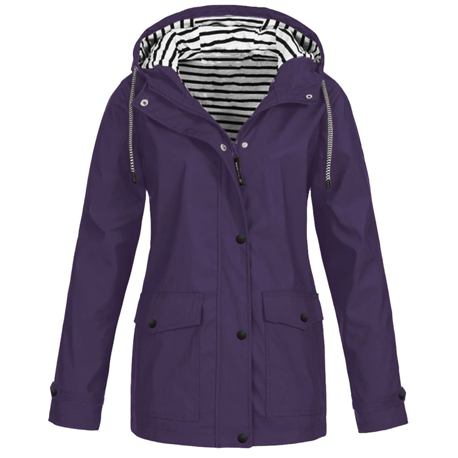 CEHVOM Women Solid Rain Jackets Outdoor Plus Size Waterproof Hooded Raincoat Windproof