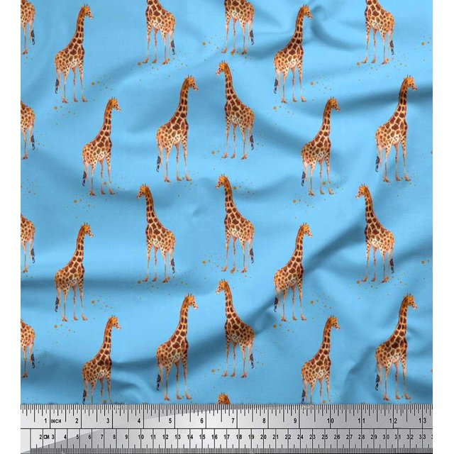 Soimoi Blue polyester Crepe Fabric Dot & Giraffe Animal Printed Fabric 1 Yard 52 Inch Wide