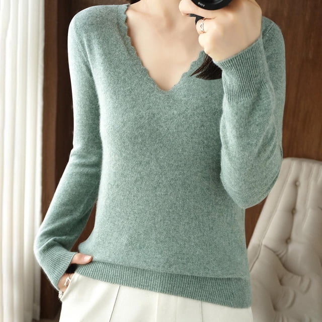 EGNMCR Chandail à Col Rond Mode Femme Décontracté Col Semi-Montant Couleur Unie Ample Base Tricoté Chandail Femme Blouse Polyester