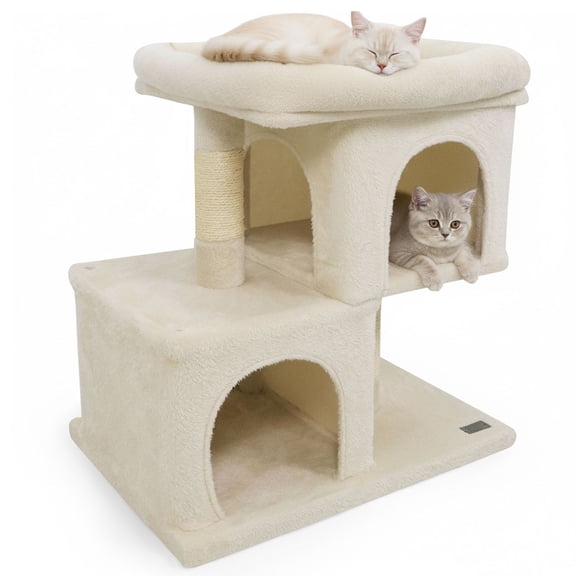 Gymax Arbre à Chat de 25,5 Po avec 2 Grands Condos, Perchoir Supérieur Rembourré, Poteaux à Griffer en Sisal pour Chats, Beige