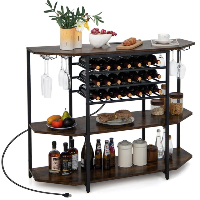 Gymax 3 Tier Wine Bar Cabinet with Storage Shelves Glass Holders Bottle Racks Brown