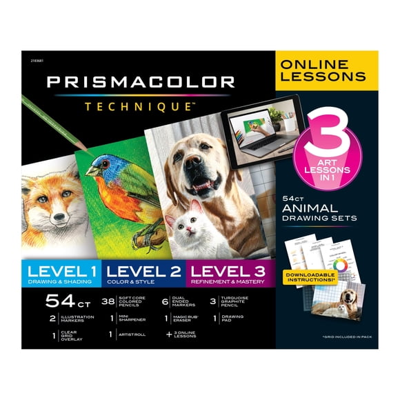 Prismacolor Fournitures d'Art Technique et Leçons d'Art Numérique Ensemble de Dessin Animalier Niveaux 1-3 Coloriage Adulte 54 Unités
