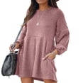 thumbnail image 1 of Jupe en Tricot Côtelé pour Femmes, Manches Lanterne, Col Rond, Robe Courte, Chandail-Over, Jupe Chandail avec Poches, Automne Hiver, Jupe du Bas, 1 of 5
