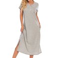 thumbnail image 1 of Women Stripe Print Side Split Button Short Sleeve Loungewear Midi Dress with Pocket, 1 of 6