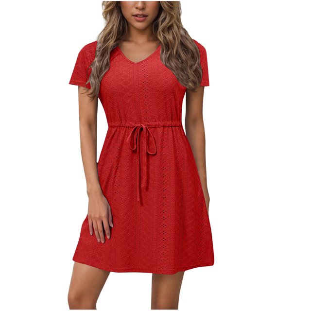 Dvprdro Robe d'Été Décontractée Unie à Manches Courtes pour Femme, Mode Élégante, Col en V, à Nouer, Robe Courte de Plage et Soleil