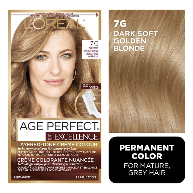 L'Oréal Paris Excellence Age Perfect Hair Dye in 7G Dark Soft Golden Blonde, a permanent layered-tone crème colour designed for mature grey hair, providing flattering highlights, body, shine, and harmoniously blended roots, shown with an easy application brush and hair colour swatch.