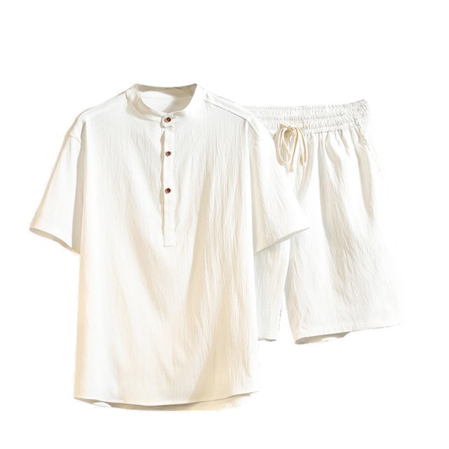 Two Piece Pants Sets Mens Two Piece Solid Cotton Linen Short Sleeve V Neck Tops and Shorts Set