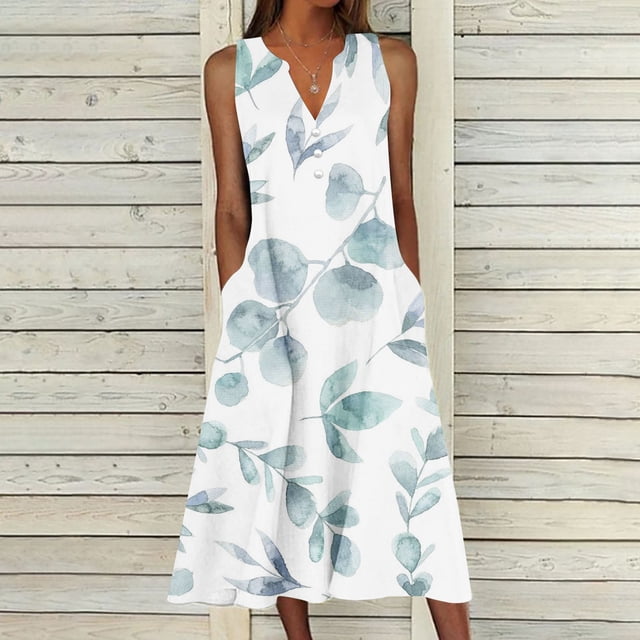 EGNMCR Robes de Fête pour Femmes Robe d'Été pour Femmes Design Décontracté Robe Dégradée Sans Manches Col en V Longue Robe
