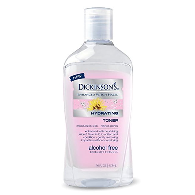 Dickinson's Enhanced Witch Hazel Alcohol Free Hydrating Toner in a 16 fluid ounce bottle. The clear plastic bottle features a pink label with text highlighting its hydrating formula, enriched with aloe and vitamin E to moisturize skin and refine pores. The product is alcohol-free and designed for gentle skin care.