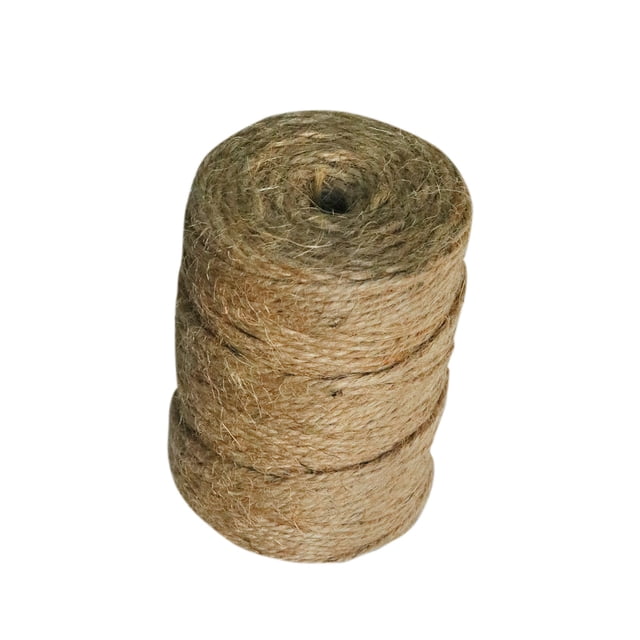 EGNMCR 1/2/3 strand rope, 100 yards in length, made of natural jute material. The coiled rope has a 3mm diameter and is suitable for DIY lighting, packaging, handicrafts, and gardening. The rope is displayed in a compact coil with a natural flax color.