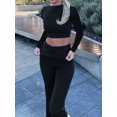thumbnail image 4 of Honganda Women Spring Outfits Solid Color Long Sleeves Crop Tops Bootcut Pants  2 Pcs Set Streetwear Aesthetic Clothes, 4 of 9