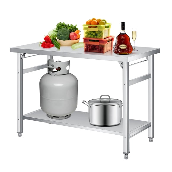 Collapsible Stainless Steel Dining Table - Heavy Duty Double-Tier Workstation with Adjustable Undershelf - Lockable Casters - 920 lbs Load - For Kitchen, Restaurant, Garage, Outdoor