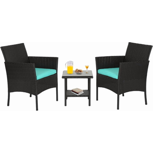 FDW 3-Piece Wicker Patio Furniture Set, Outdoor Rattan Conversation Bistro Set for Backyard, Porch, Poolside & Lawn, Blue