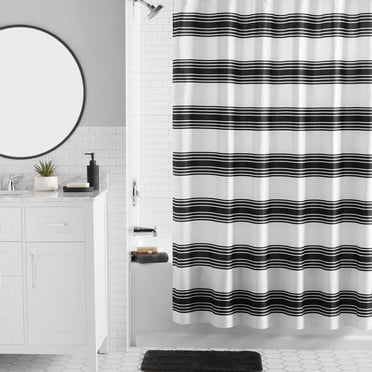 Mainstays 16-Piece Black Stripe Shower Curtain Bathroom Set – Fabric Curtain with Rug, Hooks, Soap Dispenser & Tray