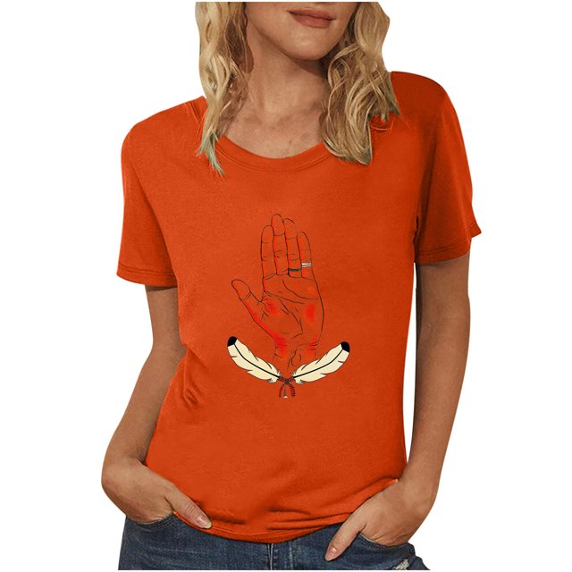 Dadaria T-Shirt Femme Orange Manches Courtes Col Rond Été Chandail Blouses S